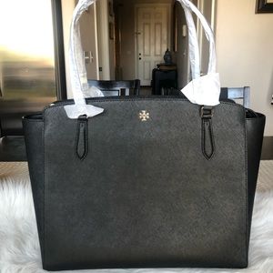 Tory Burch Emerson Top Zip Tote Black  Leather 64190